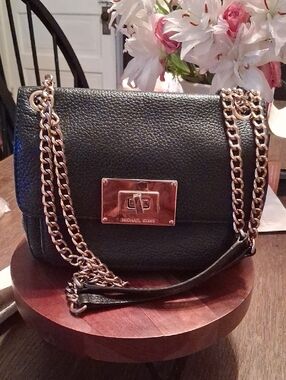 Michael Kors Black Leather Crossbody with Gold Chain